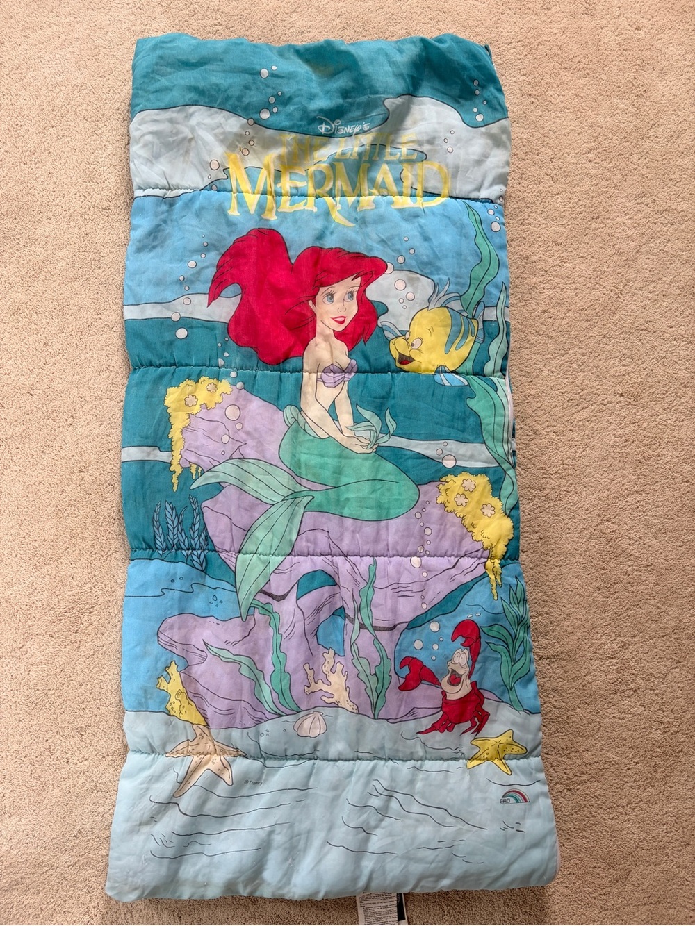 Vintage Disney The Little Mermaid Sleeping Bag Ariel Flounder 90s Nostalgia ERO